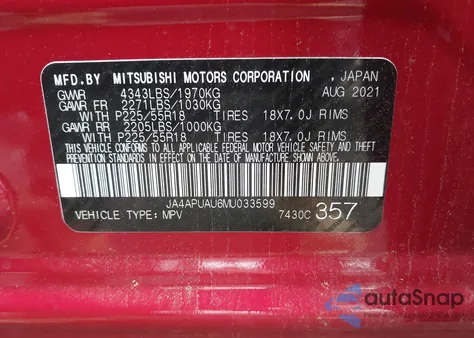 2021 Mitsubishi Outlander Sport 2.0 Es 2Wd из США, поврежденный, VIN JA4APUAU6MU033599